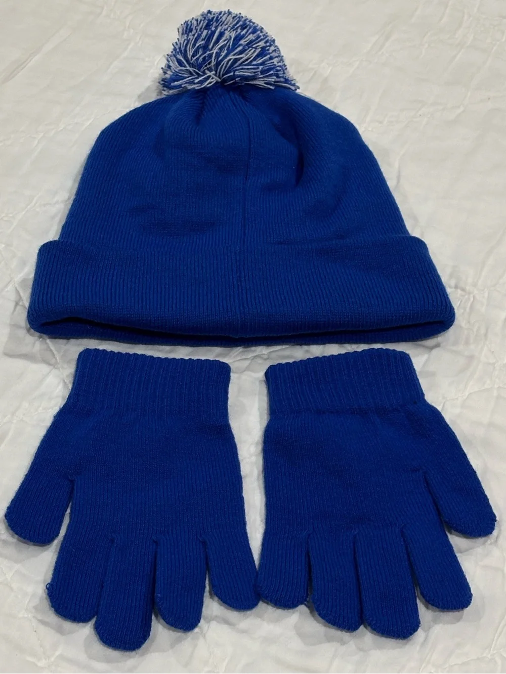 NWOT Nike Royal Blue Kids Pom Beanie and Glove Set with White Logo